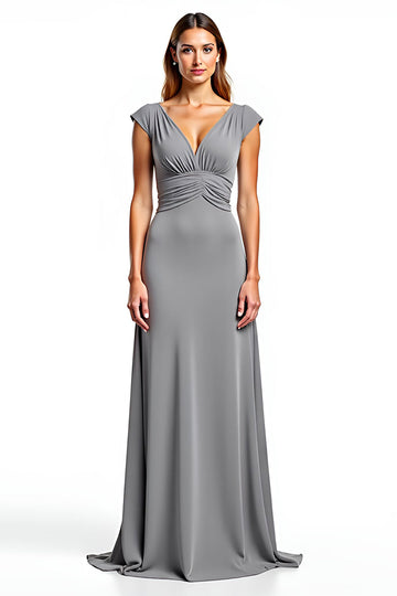 Silver Sheath Ruched Mother of the Bride Dress with Cap Sleeves
